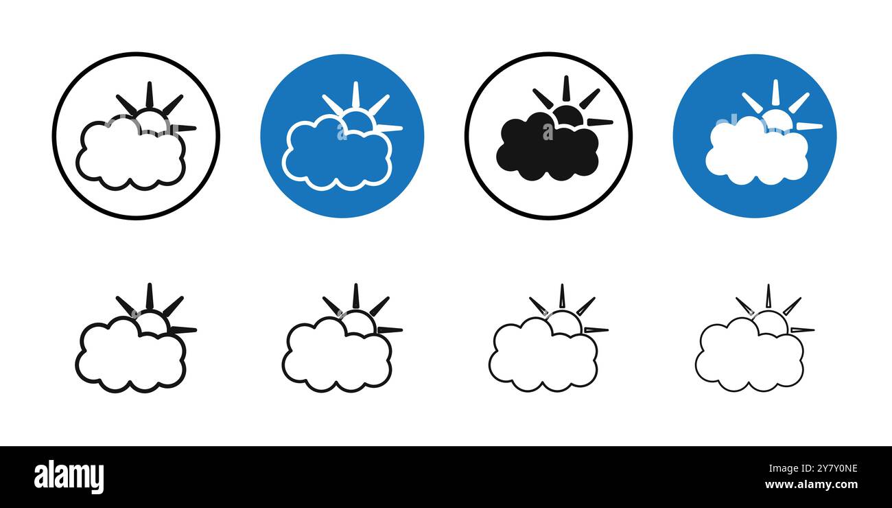 Cloud sun icon Black line art vector in black and white outline set ...