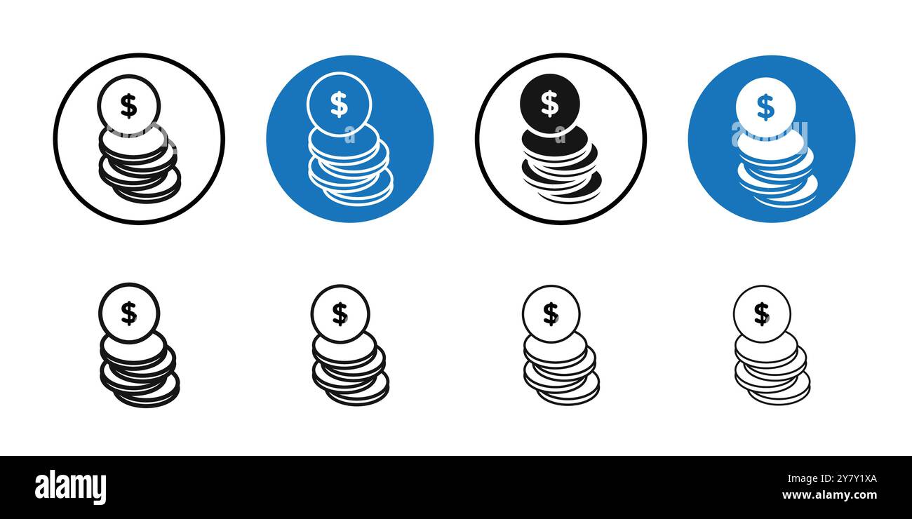 Coins icon Black line art vector in black and white outline set ...