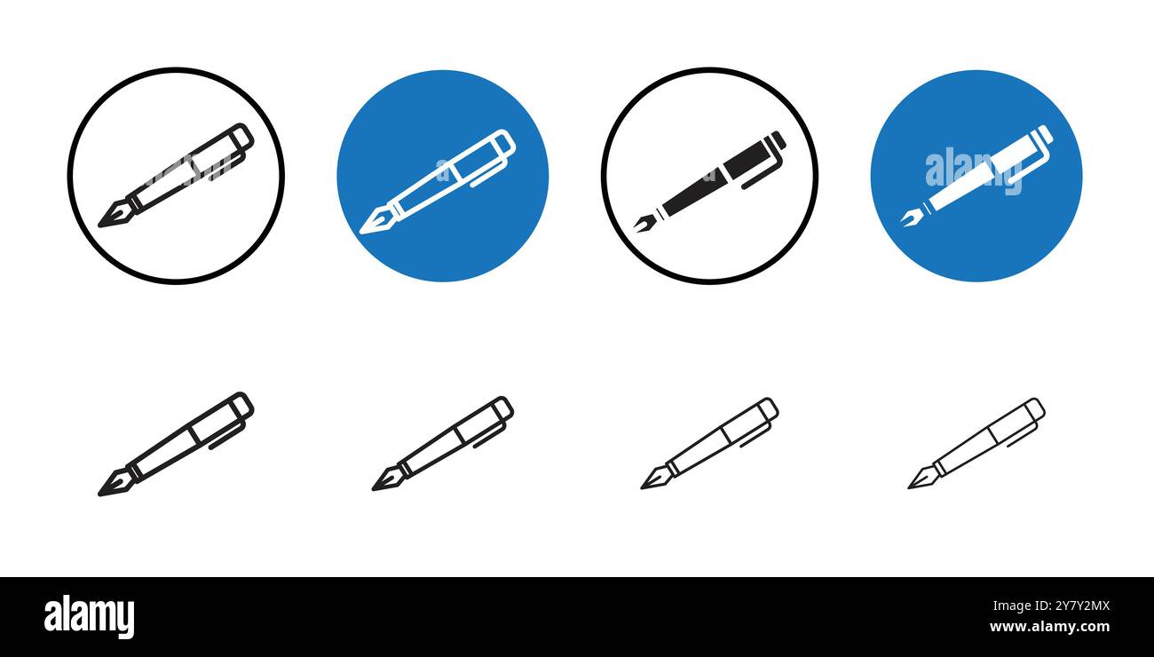Fountain pen icon Black line art vector in black and white outline set ...