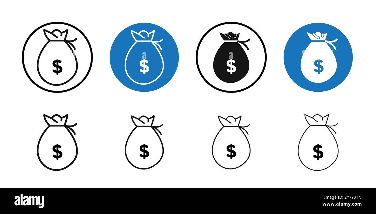 Money bag icon Black line art vector in black and white outline set ...