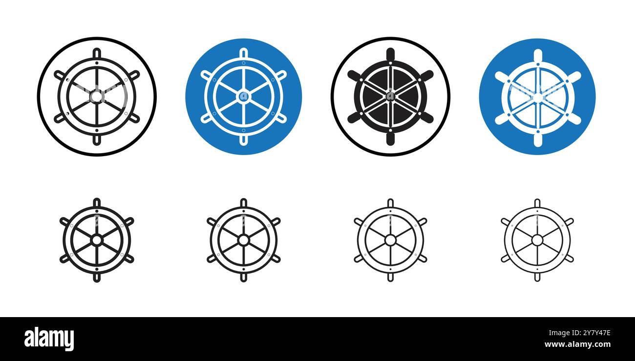 Ship wheel icon Black line art vector in black and white outline set ...