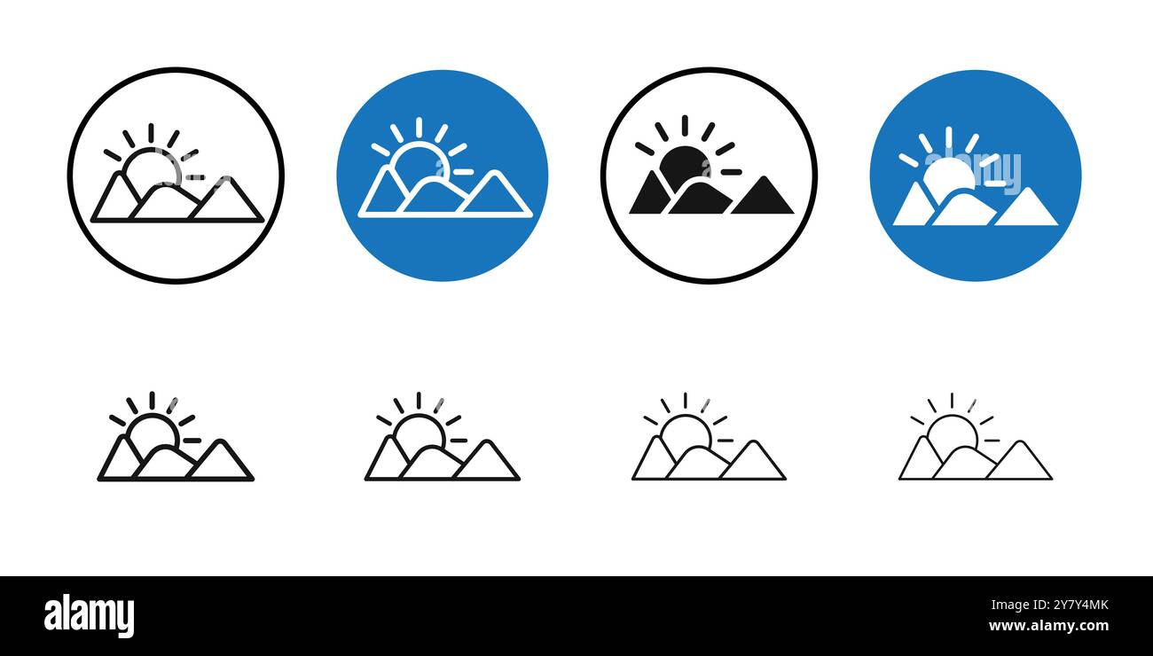 Sunrise icon Black line art vector in black and white outline set ...
