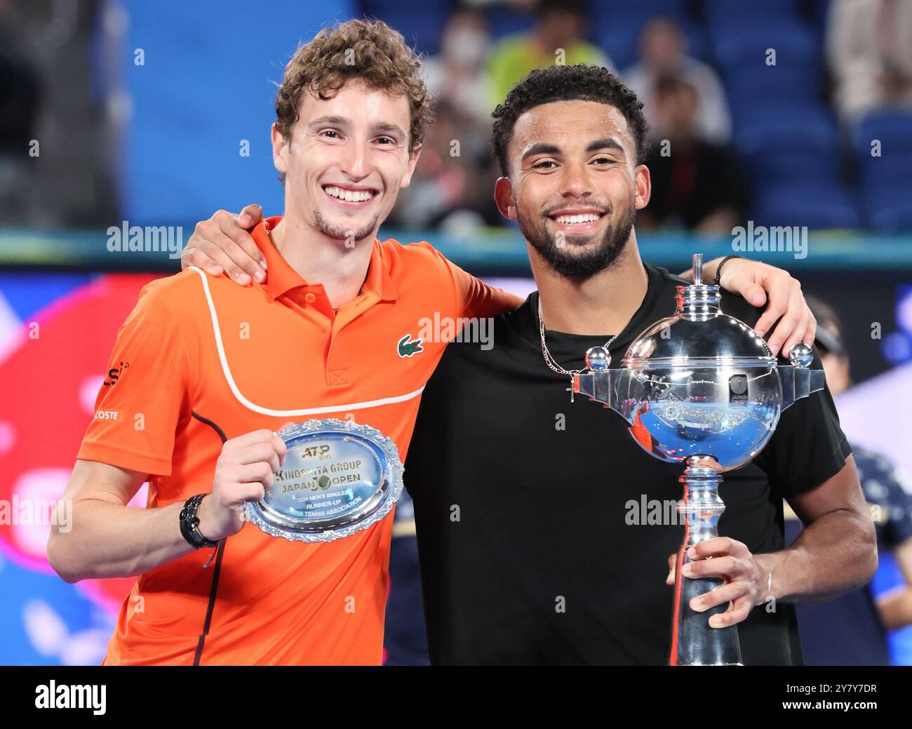 Tokyo, Japan. 1st Oct, 2024. Arthur Fils (R) of Francei and his compatriot Ugo Humbert (L) pose for photo as Fils won the Japan Open Tennis championships and Humbert finished the runner up at the Ariake Colosseum in Tokyo on Tuesday, October 1, 2024. Fils defeated Humbert in the final. (photo by Yoshio Tsunoda/AFLO) Stock Photo