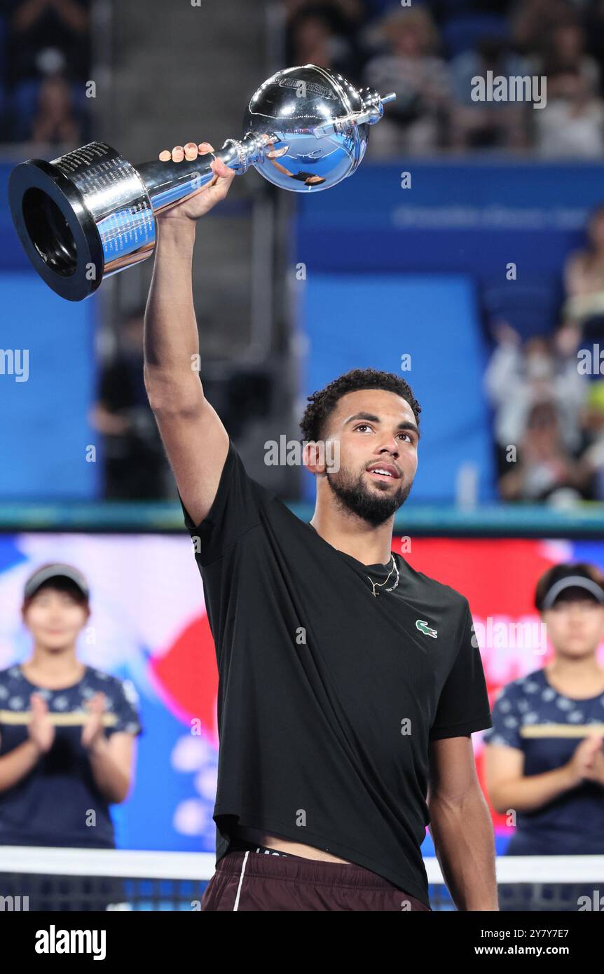 Tokyo, Japan. 1st Oct, 2024. Arthur Fils of Francei raises a trophy as he won the Japan Open Tennis championships at the Ariake Colosseum in Tokyo on Tuesday, October 1, 2024. Fils defeated his compatriot Ugo Humbert in the final. (photo by Yoshio Tsunoda/AFLO) Stock Photo