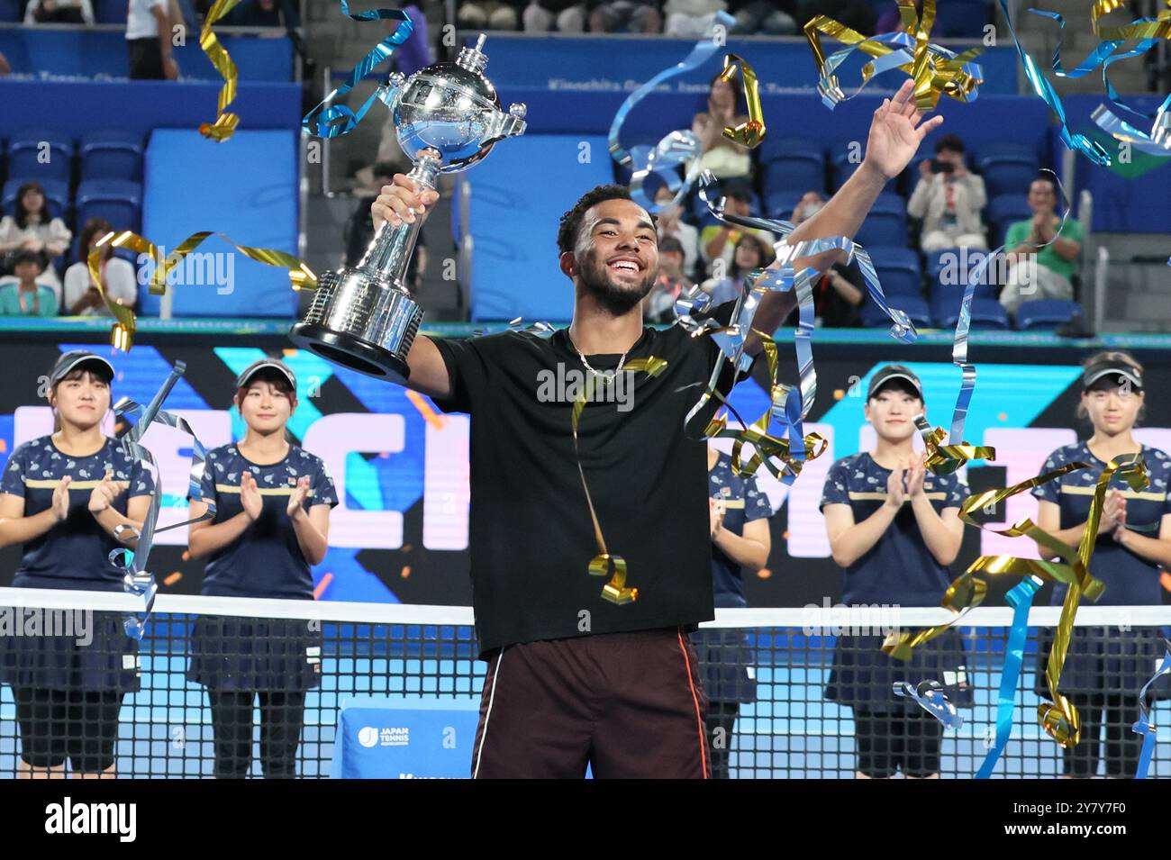 Tokyo, Japan. 1st Oct, 2024. Arthur Fils of Francei raises a trophy as he won the Japan Open Tennis championships at the Ariake Colosseum in Tokyo on Tuesday, October 1, 2024. Fils defeated his compatriot Ugo Humbert in the final. (photo by Yoshio Tsunoda/AFLO) Stock Photo