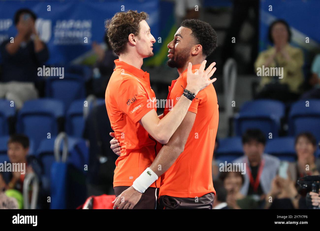 Tokyo, Japan. 1st Oct, 2024. Arthur Fils (R) of Francei hugs with his compatriot Ugo Humbert (L) as Fils won the Japan Open Tennis championships and Humbert finished the runner up at the Ariake Colosseum in Tokyo on Tuesday, October 1, 2024. Fils defeated Humbert in the final. (photo by Yoshio Tsunoda/AFLO) Stock Photo