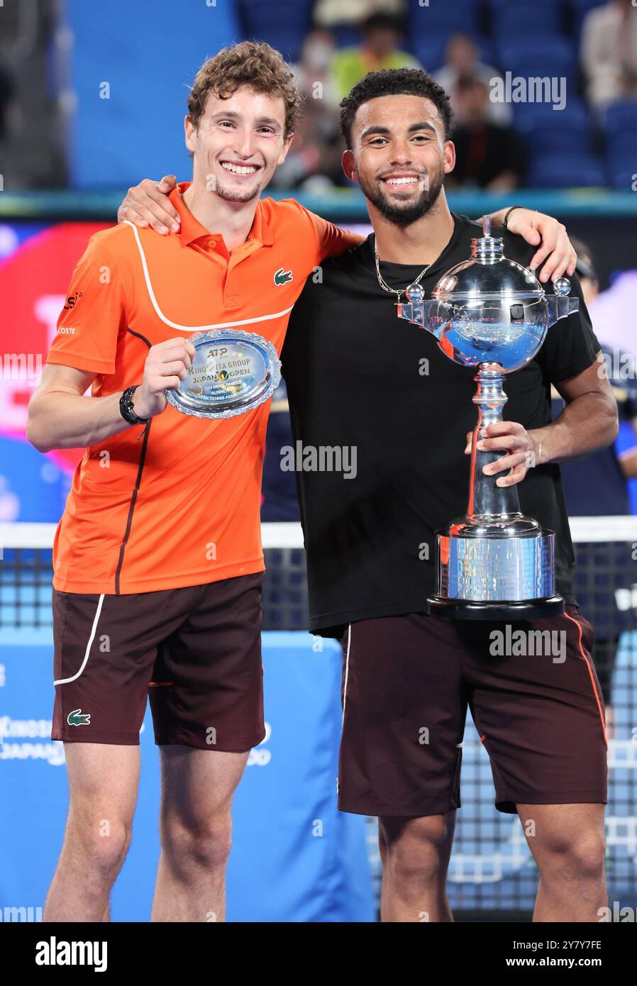 Tokyo, Japan. 1st Oct, 2024. Arthur Fils (R) of Francei and his compatriot Ugo Humbert (L) pose for photo as Fils won the Japan Open Tennis championships and Humbert finished the runner up at the Ariake Colosseum in Tokyo on Tuesday, October 1, 2024. Fils defeated Humbert in the final. (photo by Yoshio Tsunoda/AFLO) Stock Photo