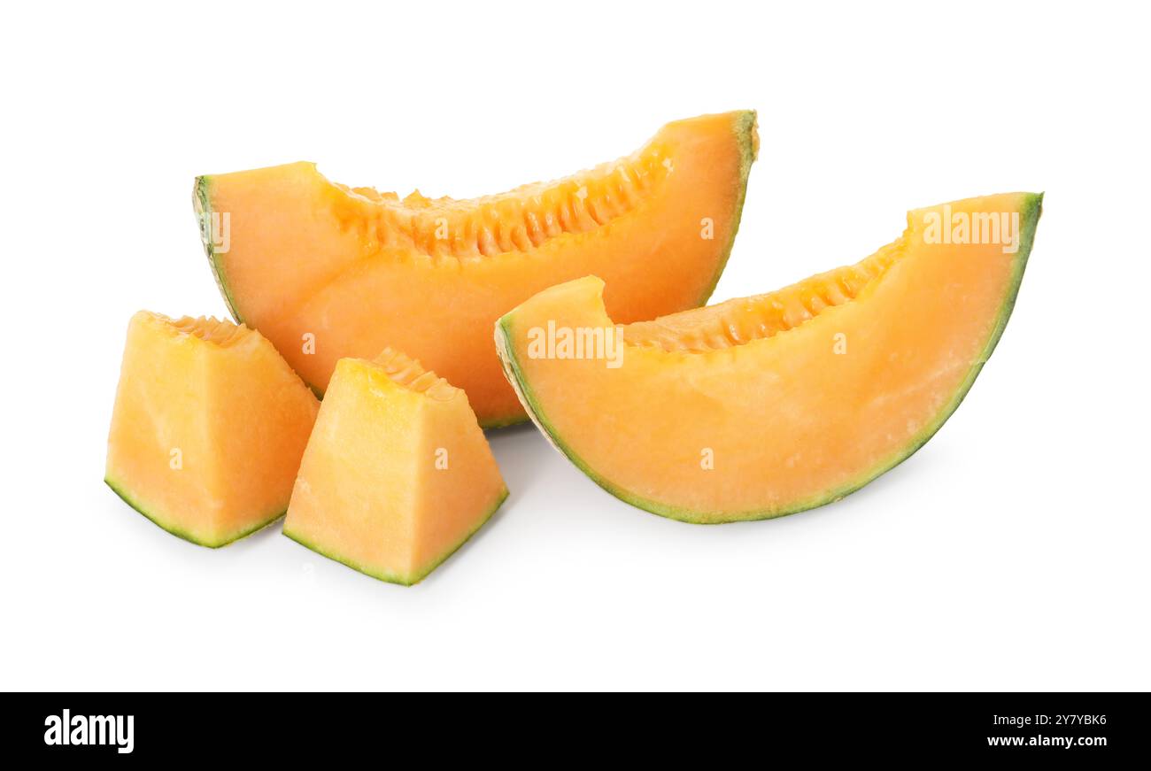 Pieces of Cantaloupe melon isolated on white Stock Photo - Alamy - Cantaloupe Pieces
