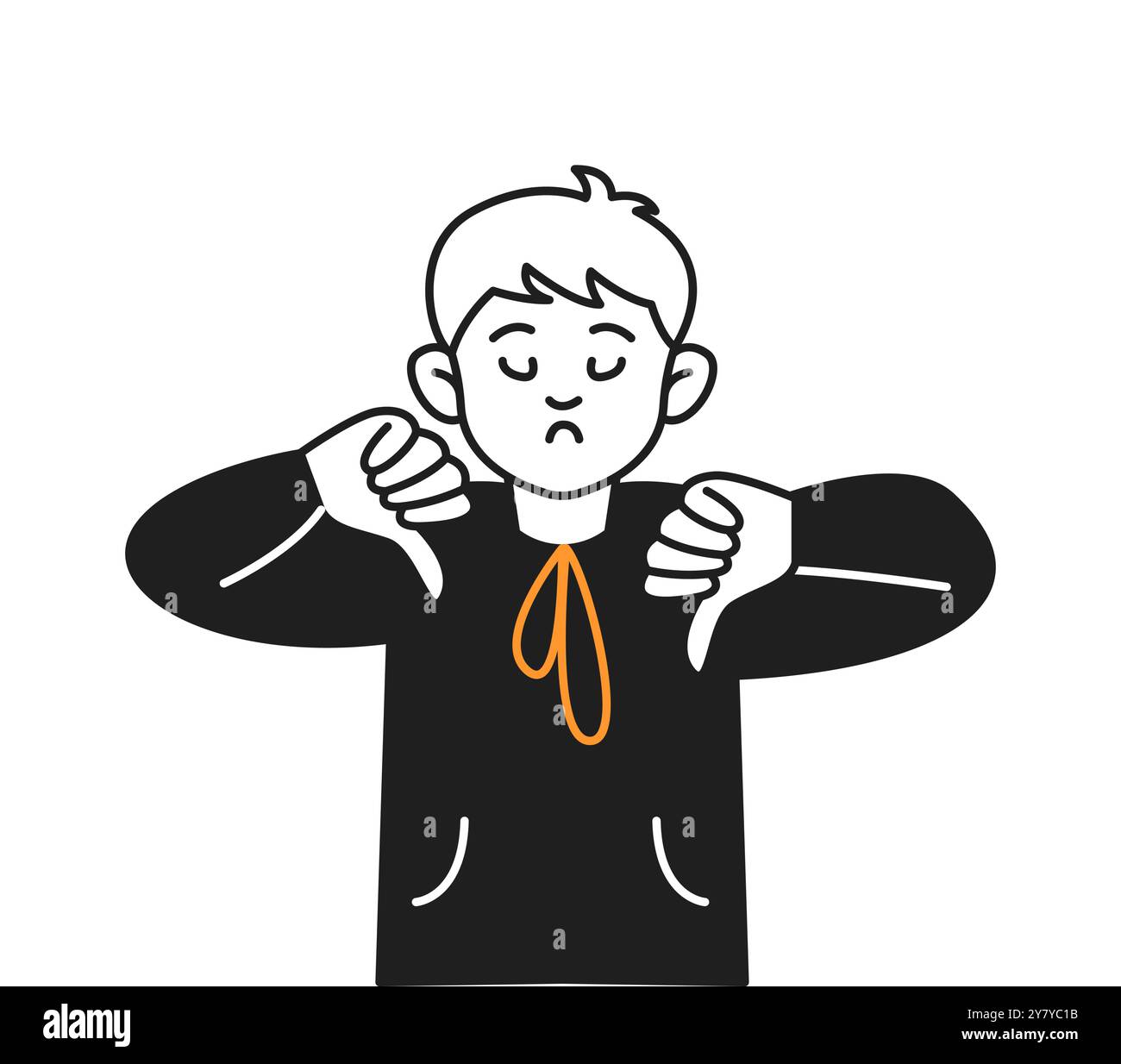 Upset boy shows thumbs down gesture color vector line icon Stock Vector