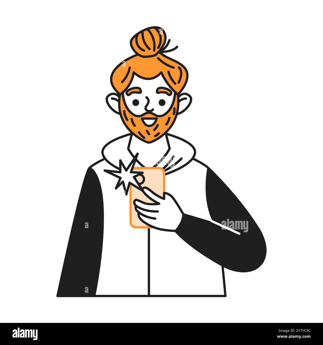 Bearded man taking picture with smartphone line vector icon Stock Vector