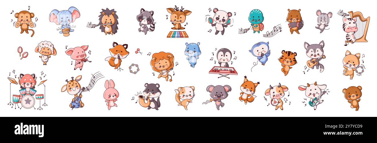Adorable animals with instruments flat color vector style set Stock ...