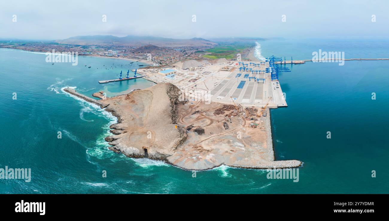 Panoramic view of Chancay Mega seaport. Located in Peru, future ...