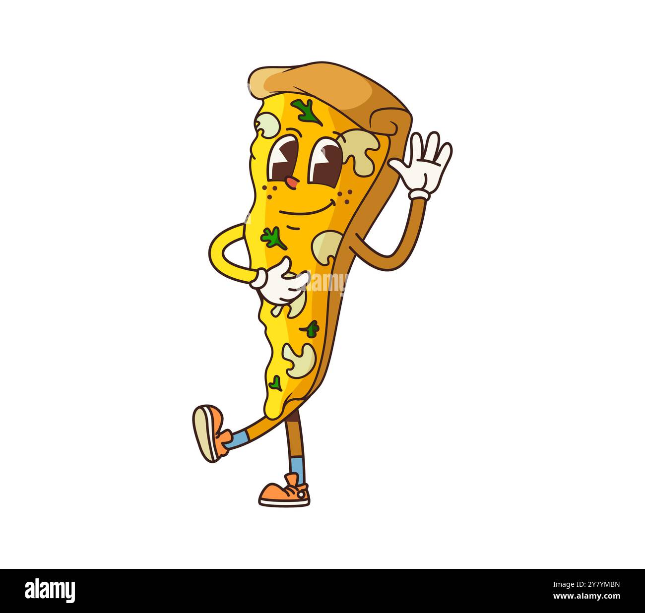 Groovy fast food pizza slice character. Isolated cartoon vector fastfood personage with mushroom and greenery topping, friendly smile and funky cheese drips, waving a hand, brings fun to party Stock Vector