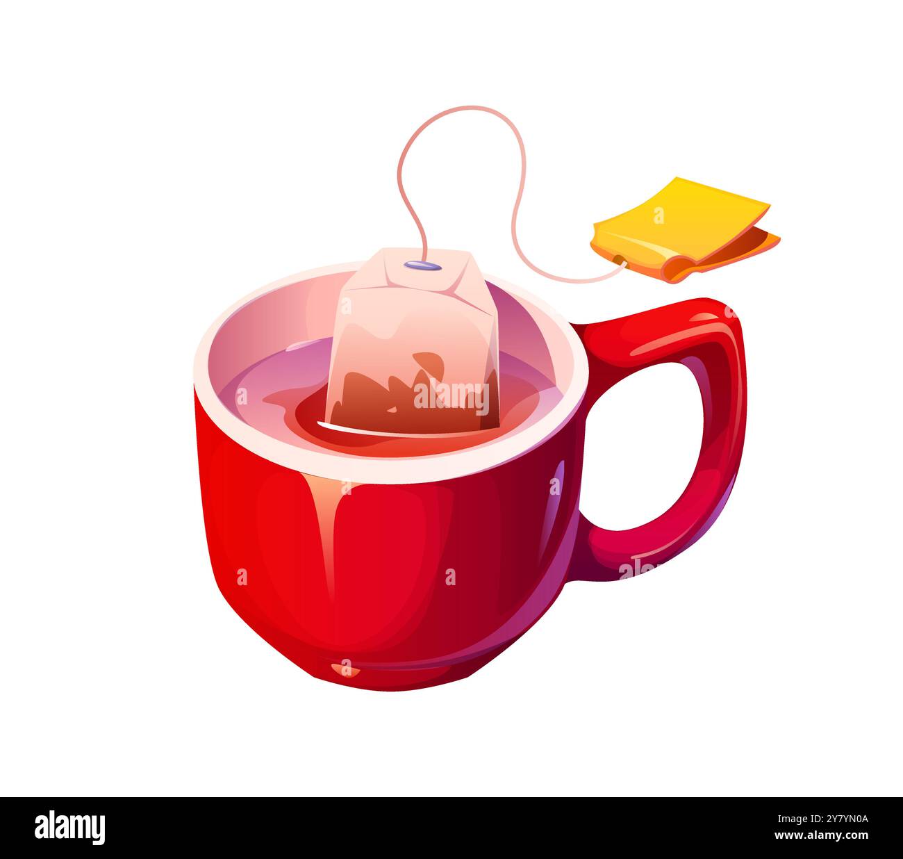 Tea bag is steeping in a red mug filled with hot water. Cartoon vector herbal beverage tea bag with a string and tag, captures a warm, calming moment of tea preparation, brewing and cooking process Stock Vector