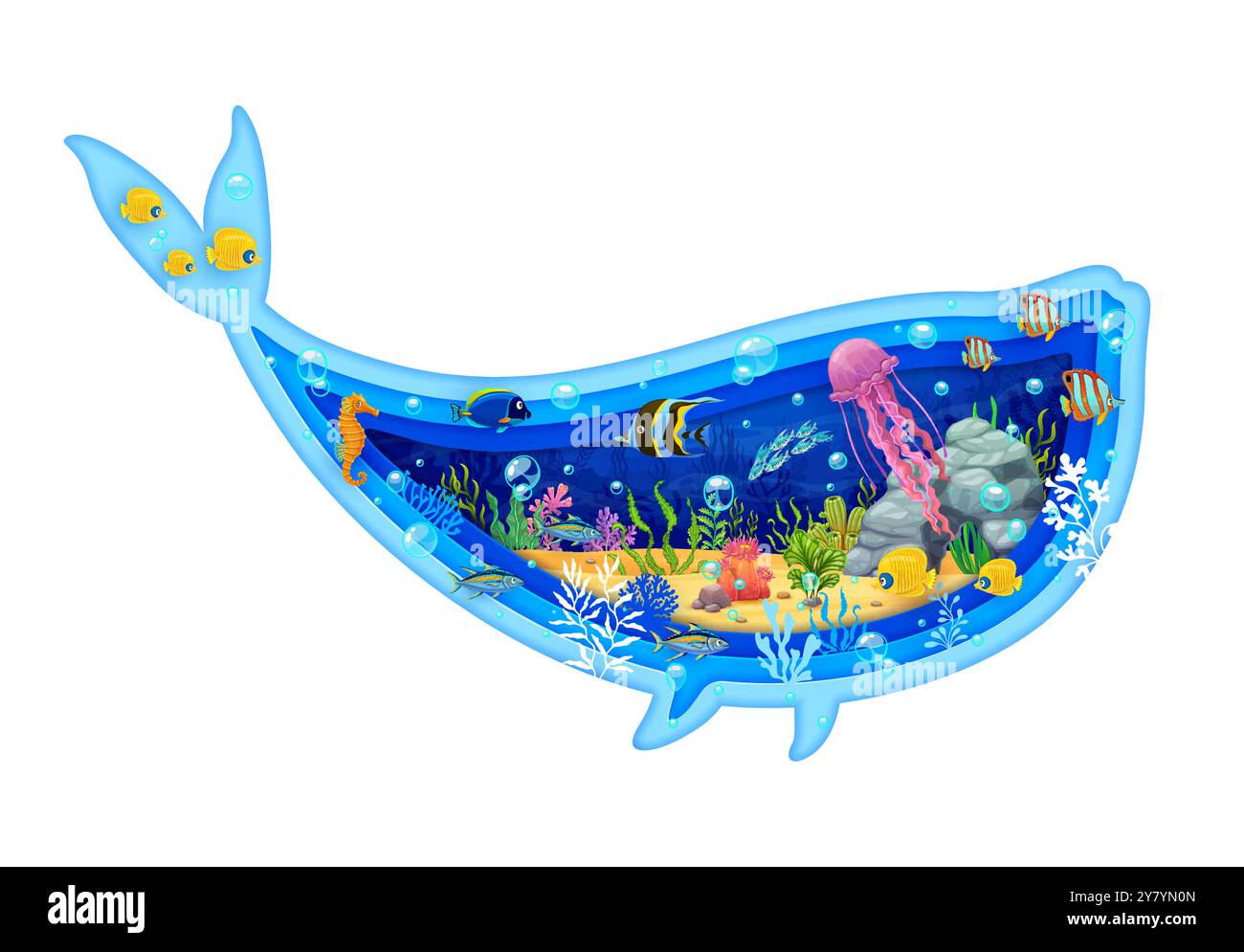 Paper cut sea whale silhouette with underwater landscape trimming with ...
