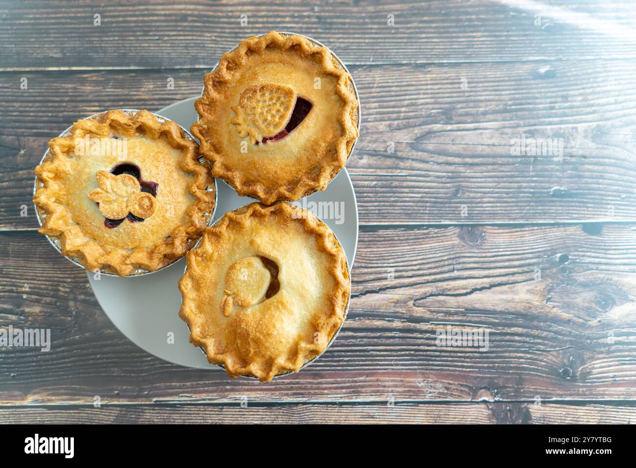 Apple, blueberry and Strawberry rhubarb pies ready to eat Stock Photo