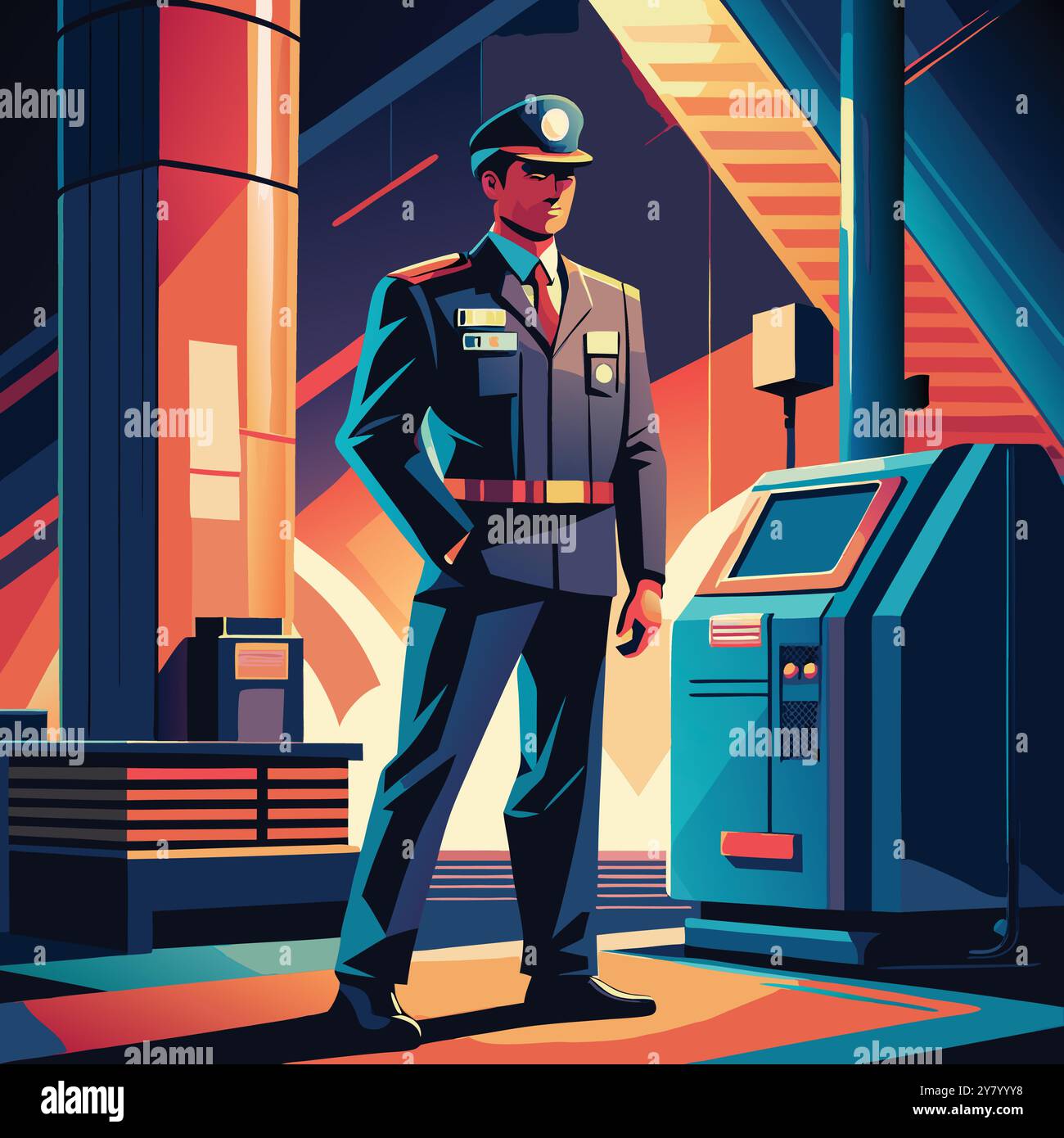A security guard stands in a futuristic. minimalist space with a blue ...