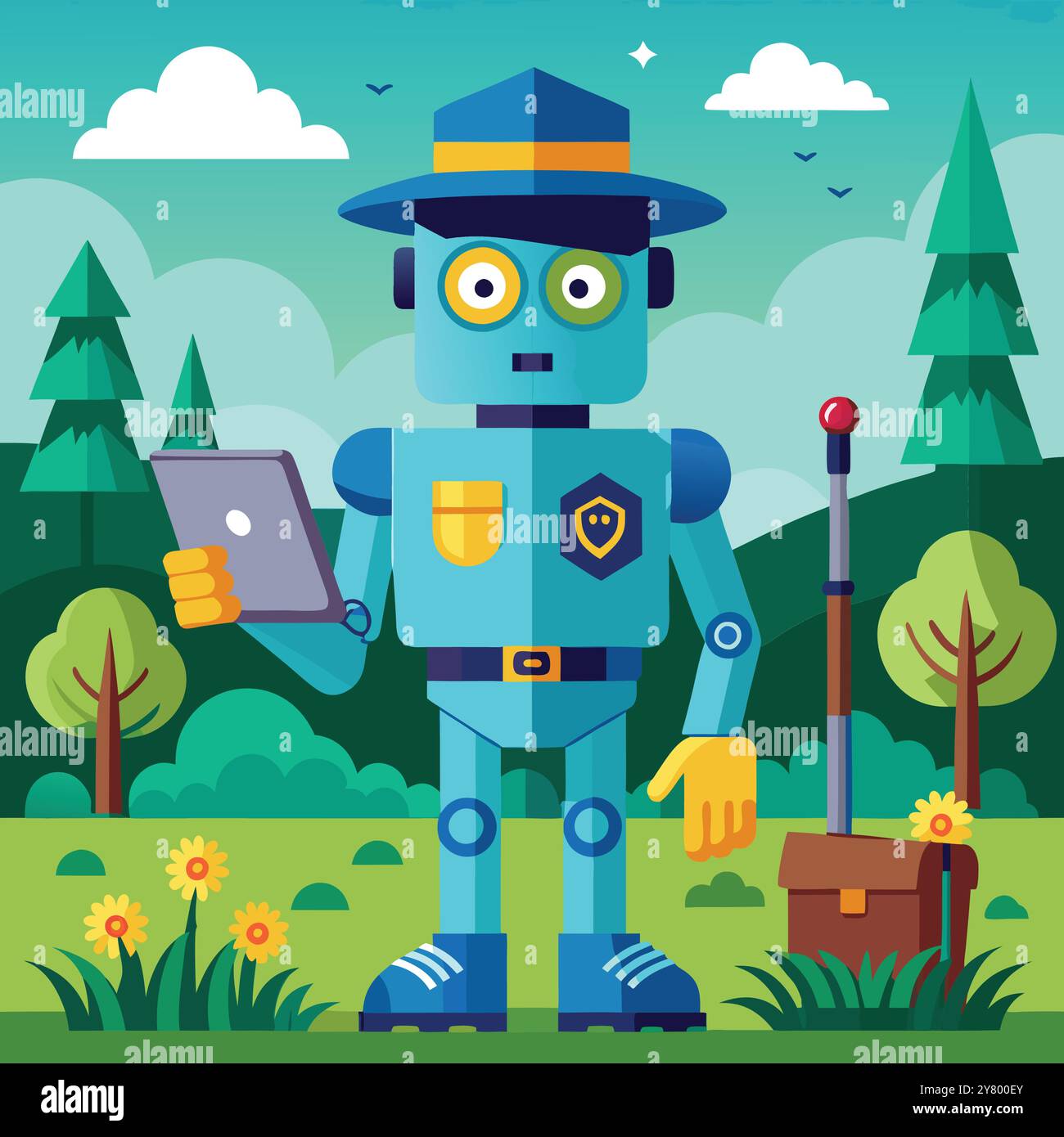A friendly robot wearing a ranger hat. holding a tablet and a stick ...