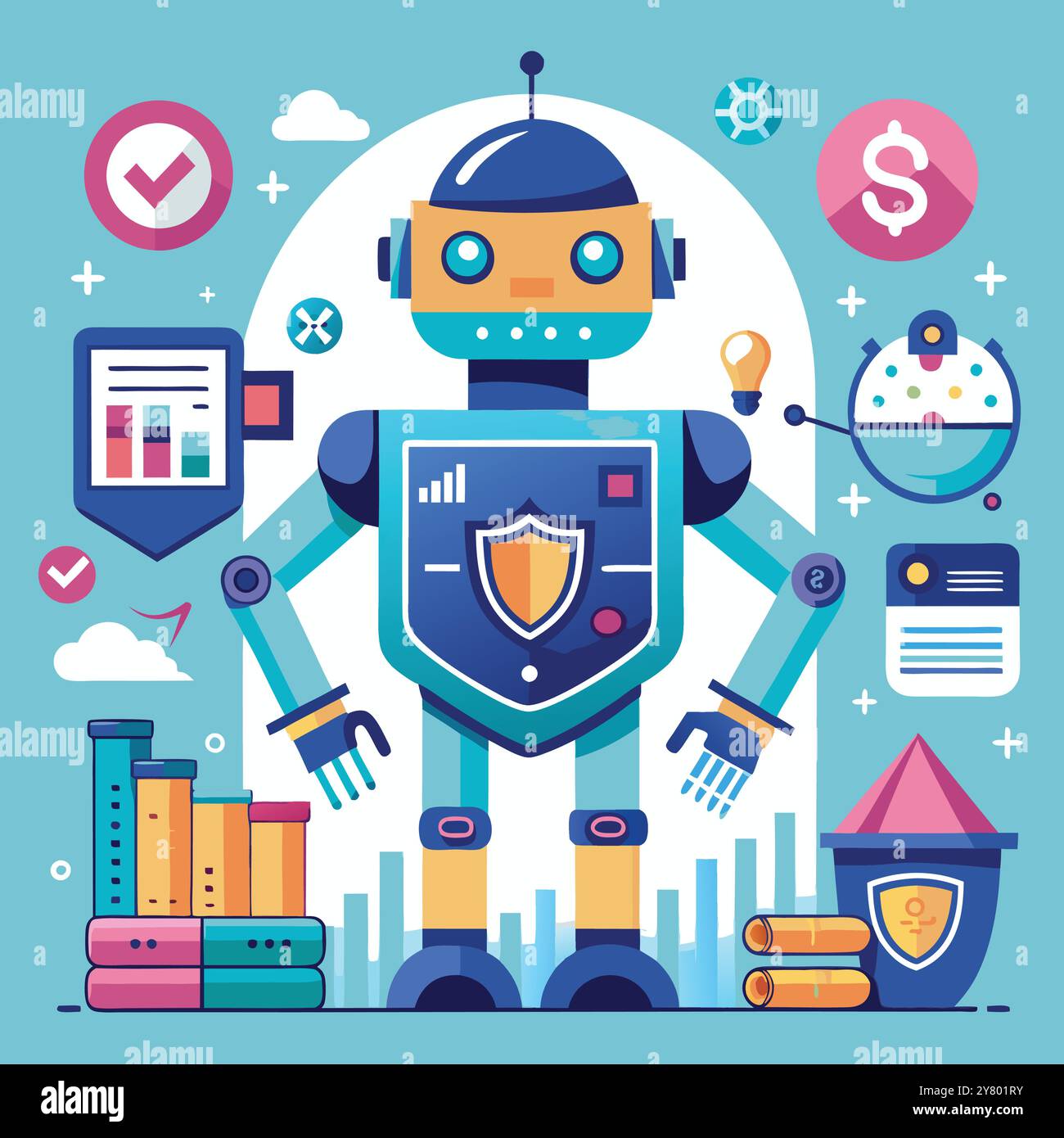 A friendly robot with a shield on its chest stands amidst data ...
