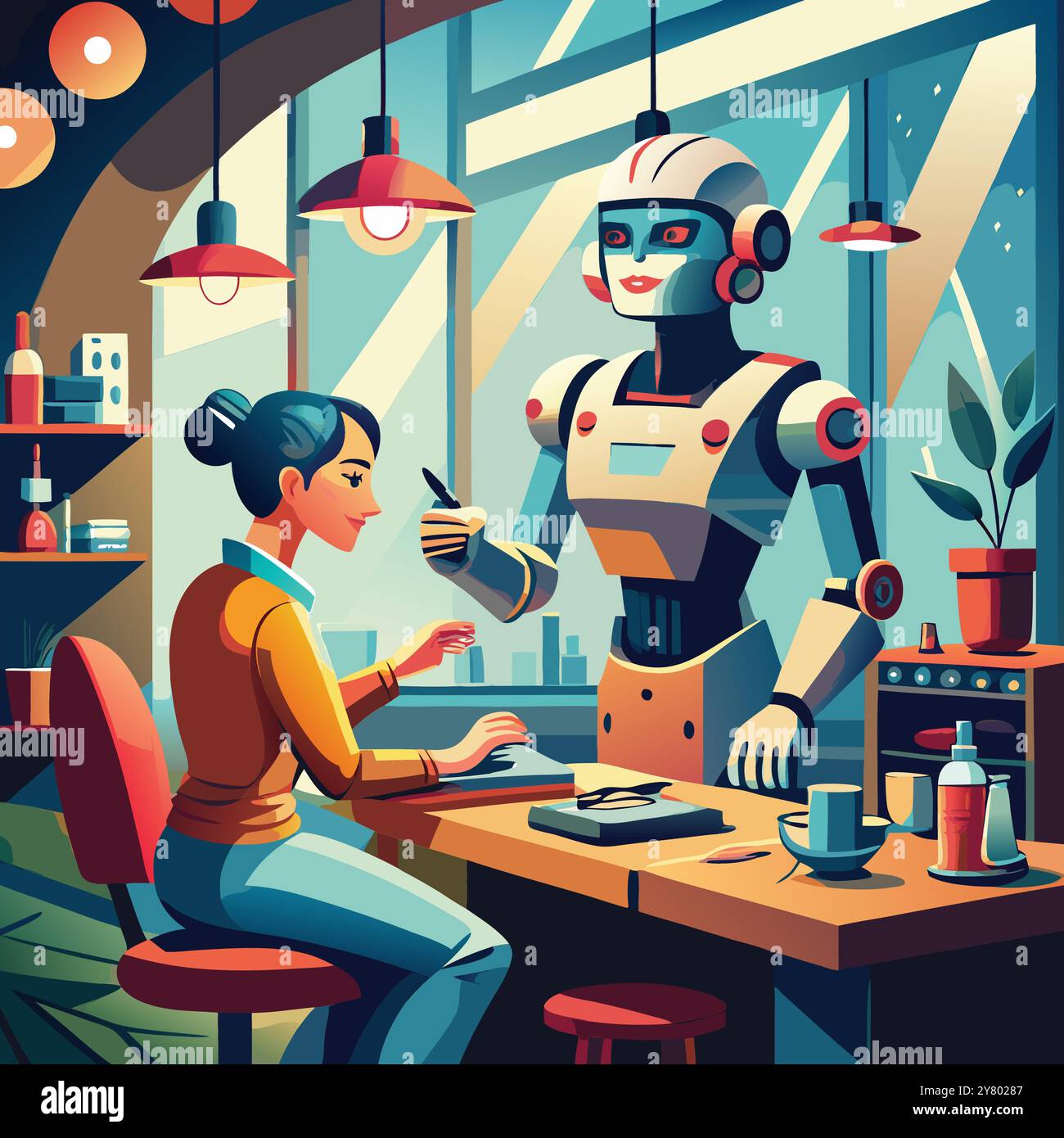 A friendly robot interacts with a human at a cafe. symbolizing the ...