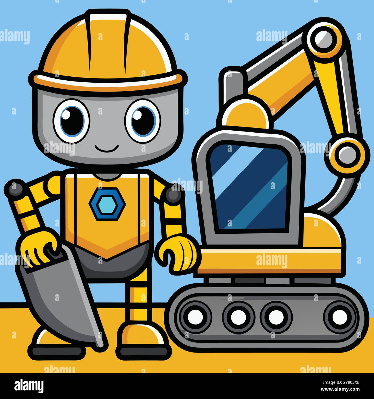 Cute robot wearing a construction helmet operates a mini excavator 