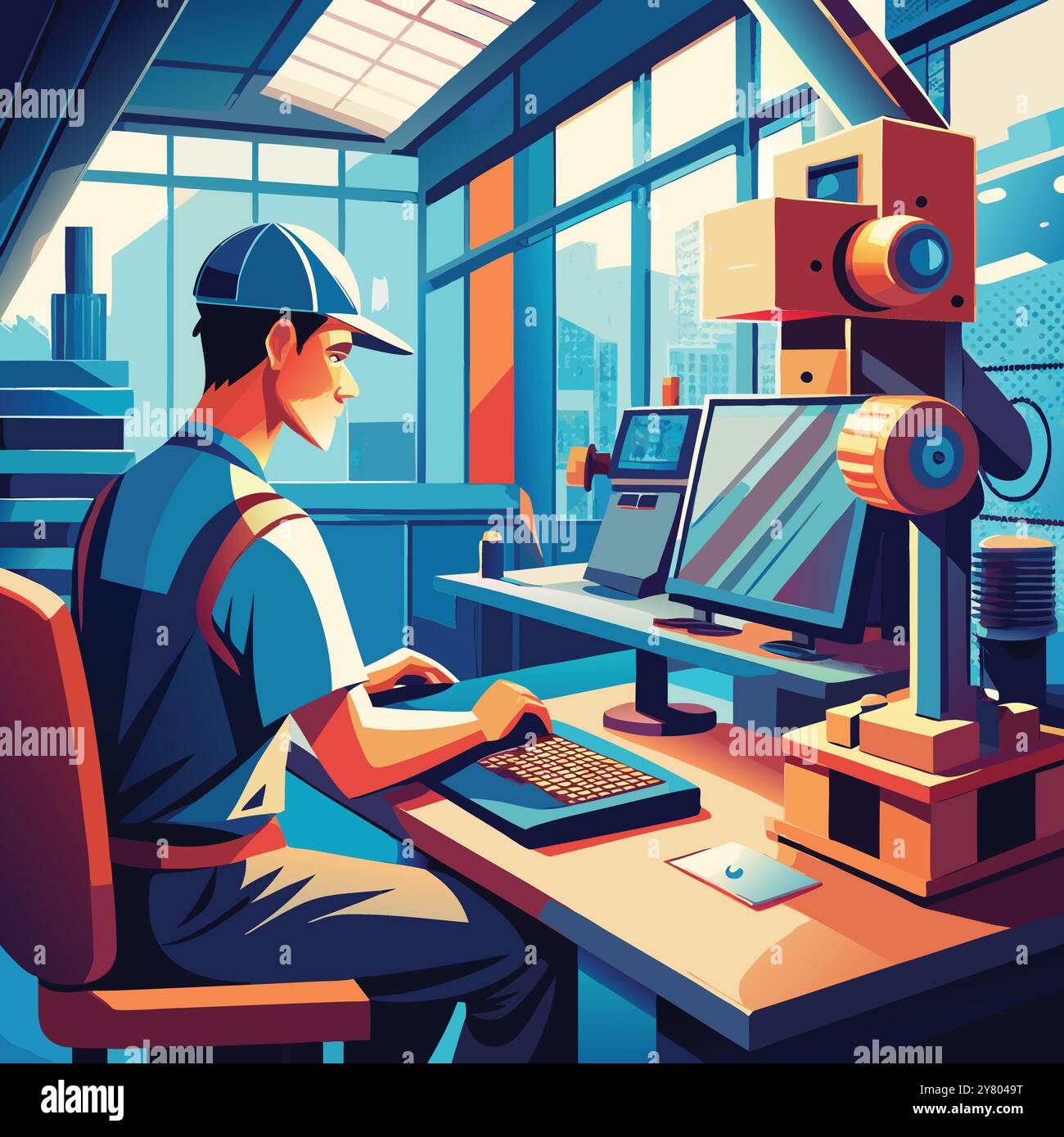 A worker in a factory setting operates a computer controlled machine ...