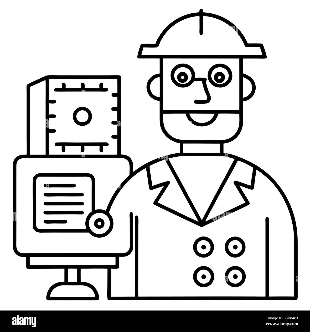 A friendly robot wearing a hard hat and glasses stands beside a computer. illustrating the concept of AI in technology and automation. Perfect for pre Stock Vector