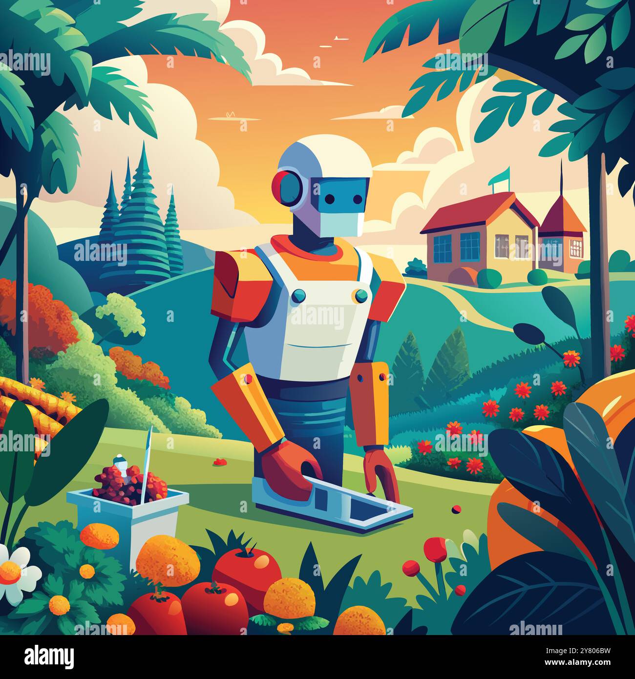 A friendly robot tending a garden with a bright sunset and a charming house in the background. Ideal for concepts of AI. automation. and future garden Stock Vector