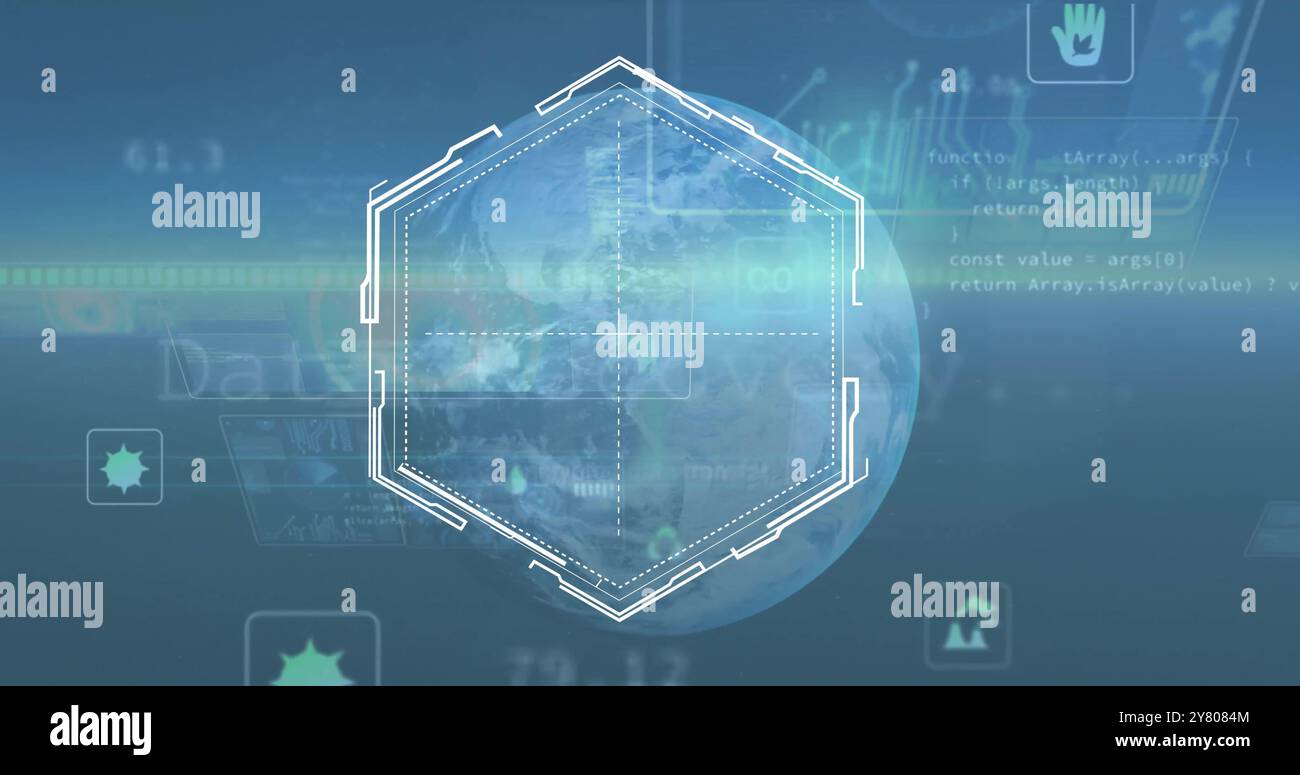 Image of hexagonal scanner frame processing data over globe on blue background Stock Photo