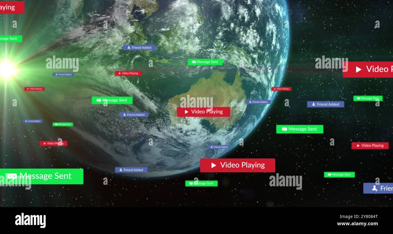 Image of social media notifications processing over globe in space ...