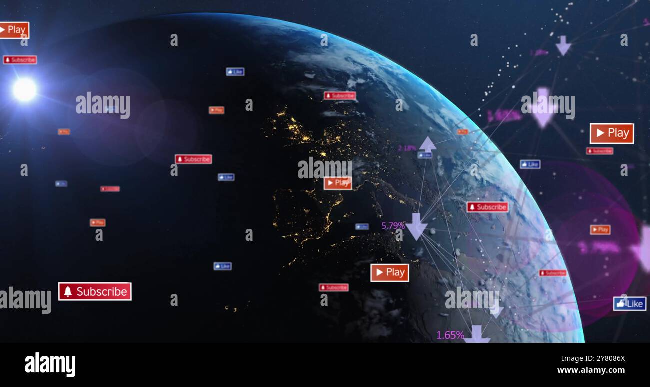 Image of social media notifications processing over globe in space ...