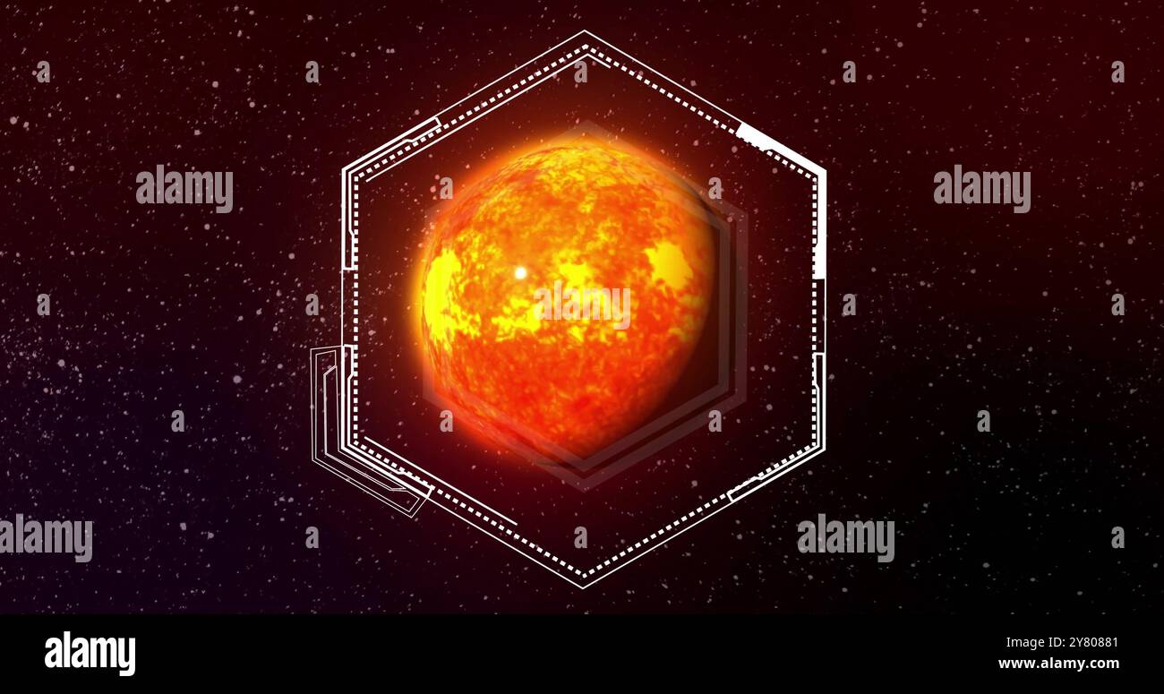 Image of hexagonal scanner frame processing data over orange globe in space Stock Photo