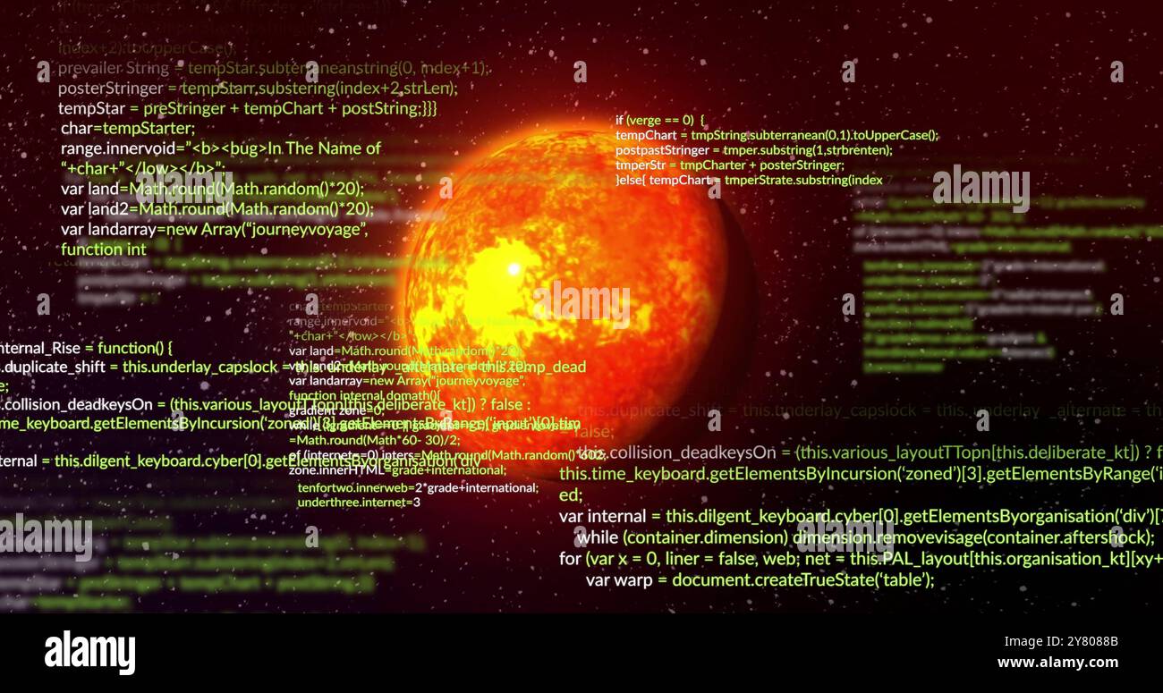 Image of data text processing data over orange globe in space stock