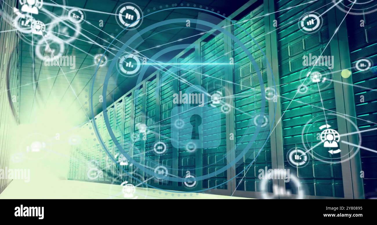 Image of padlock icon and digital data processing over computer servers Stock Photo