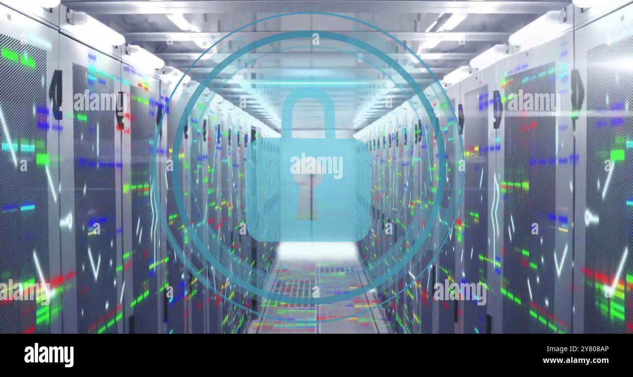 Image of padlock icon and digital data processing over computer servers Stock Photo