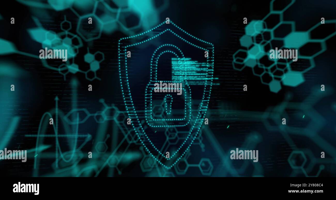 Image of chemical formula with padlock icon and data processing on black background Stock Photo