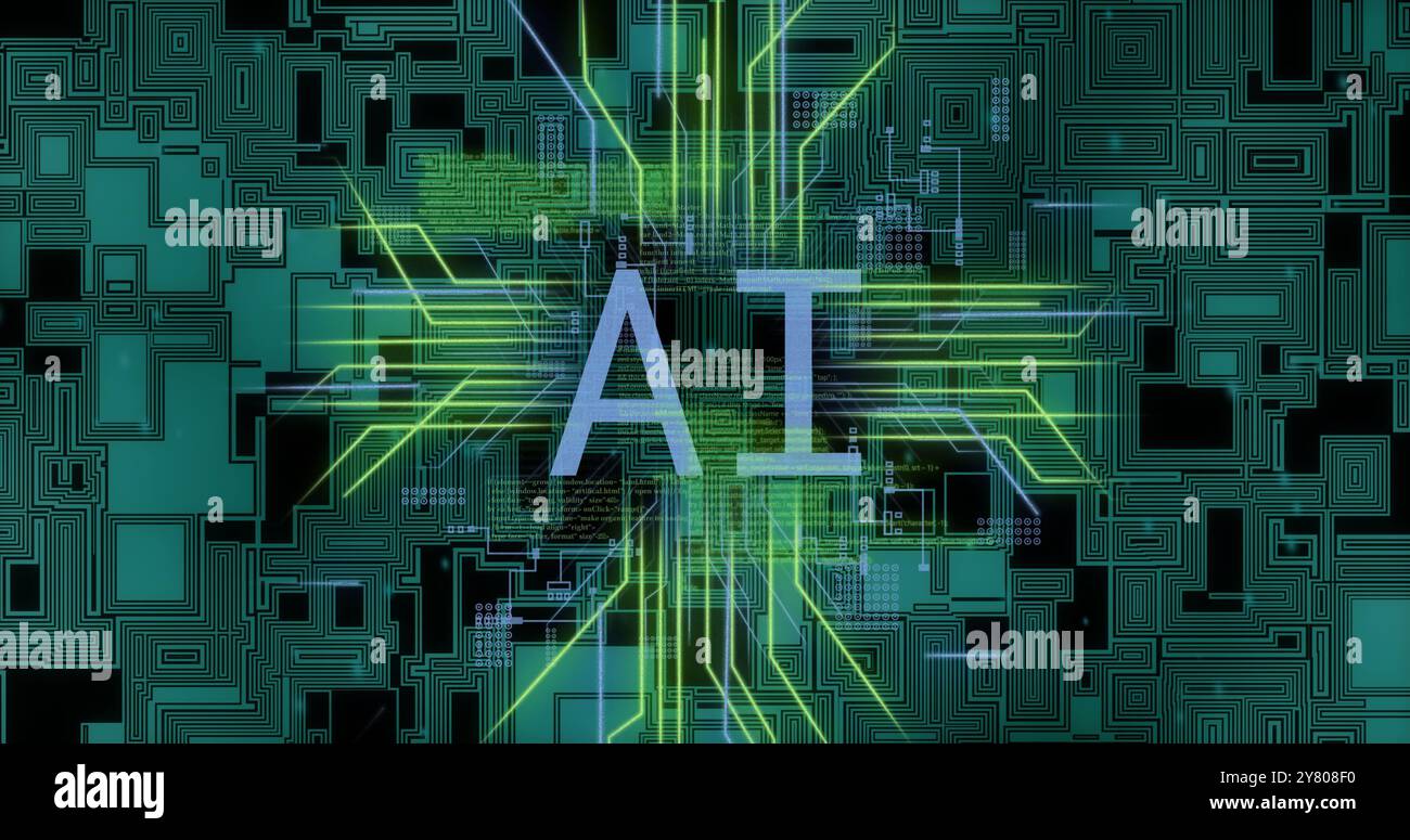 Image of network of connections with ai text over data processing Stock Photo