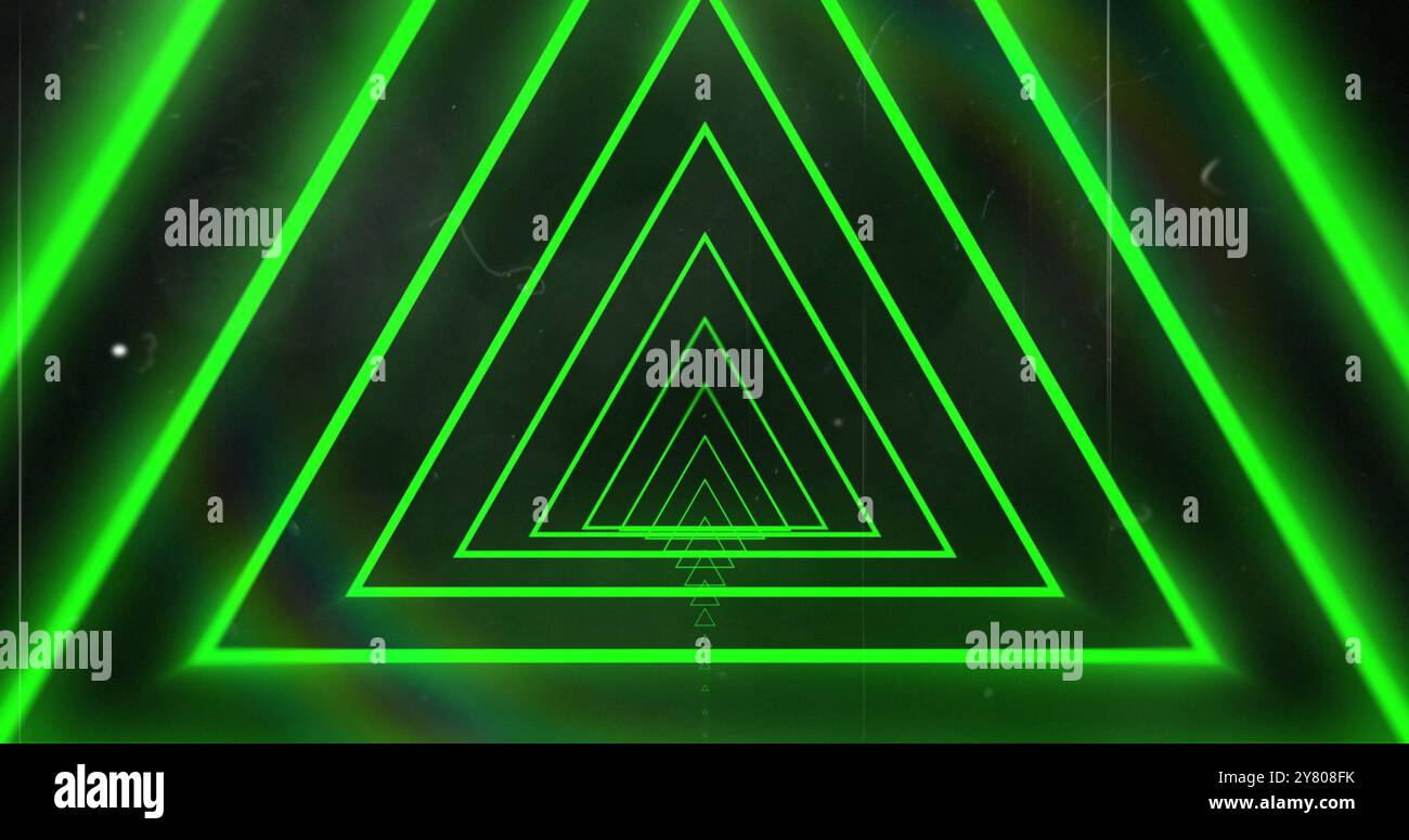 Image of glowing green neon light trails moving over black background ...
