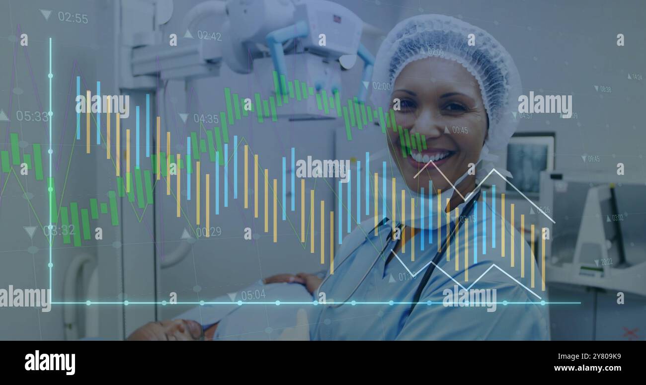 Image of statistics and data processing over caucasian female surgeon Stock Photo