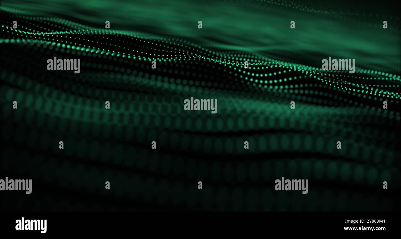 Image of glowing green mesh light trails moving over black background ...
