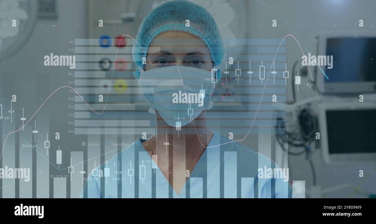 Image of statistics and data processing over caucasian female surgeon Stock Photo