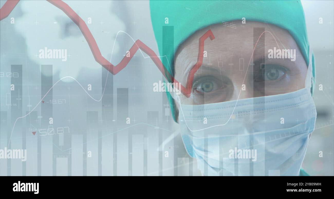 Image of statistics and data processing over caucasian female surgeon Stock Photo