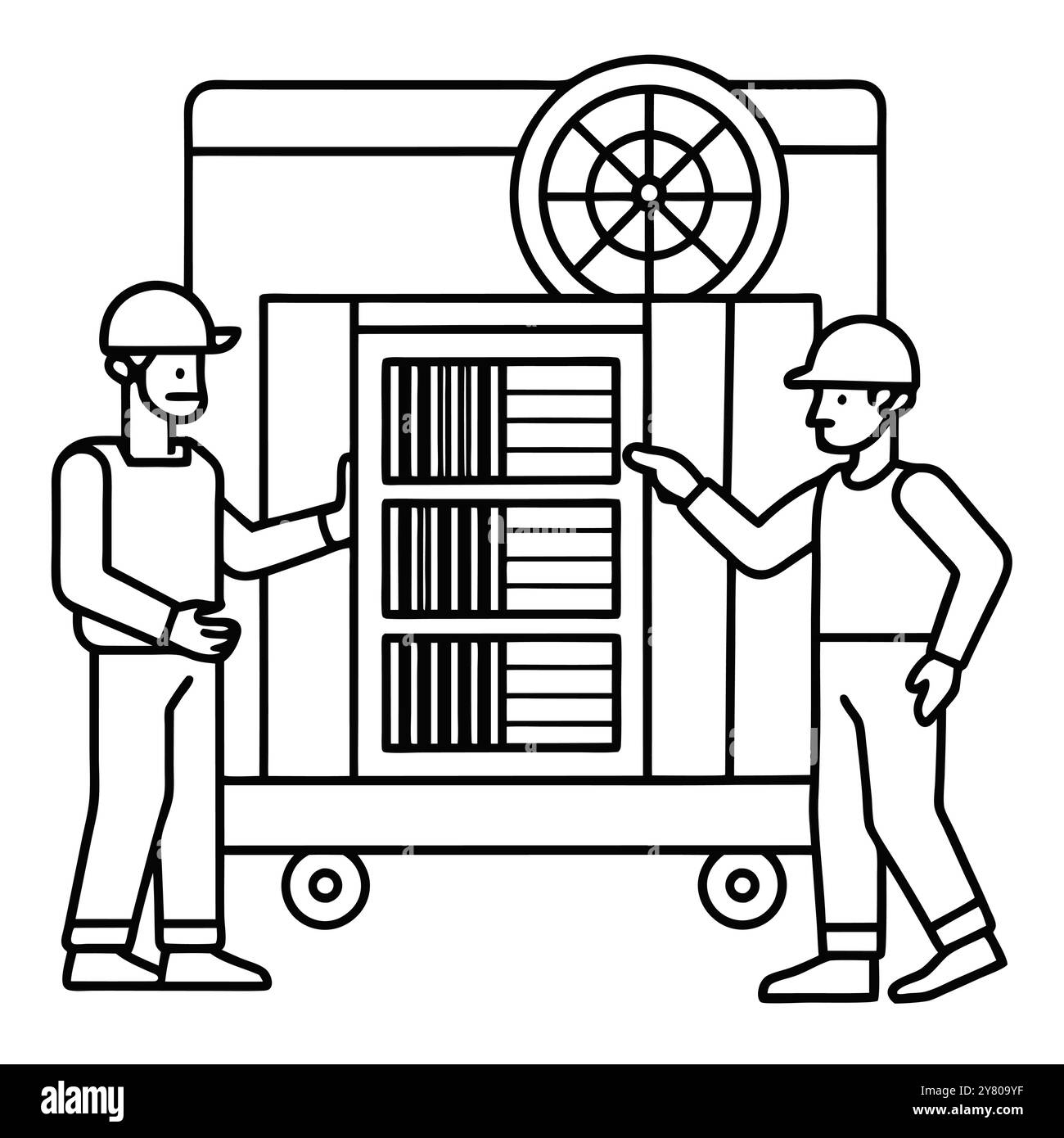 Two workers in hard hats stand beside a large server rack on wheels. showcasing the importance of data storage and maintenance. Stock Vector