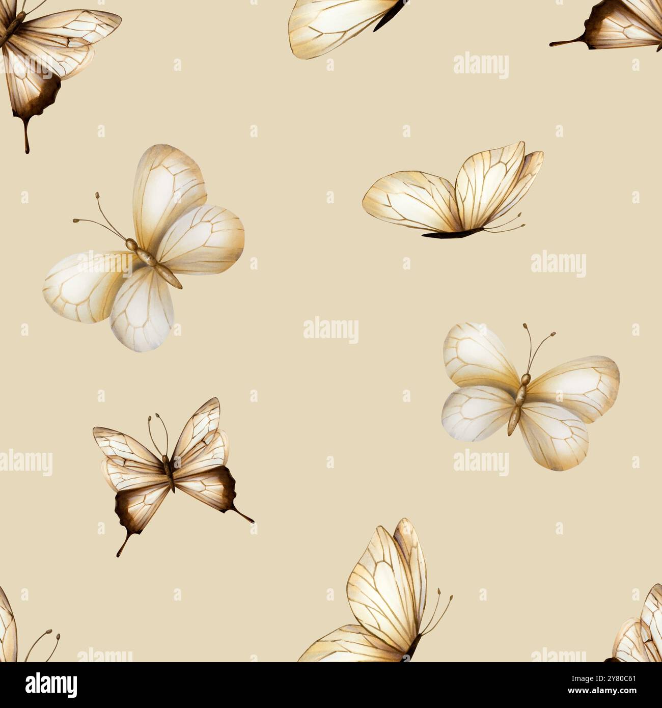 Seamless pattern with boho butterflies. Watercolor hand drawn beige insect clipart isolated on background. Botanical and wedding illustration. For des Stock Photo