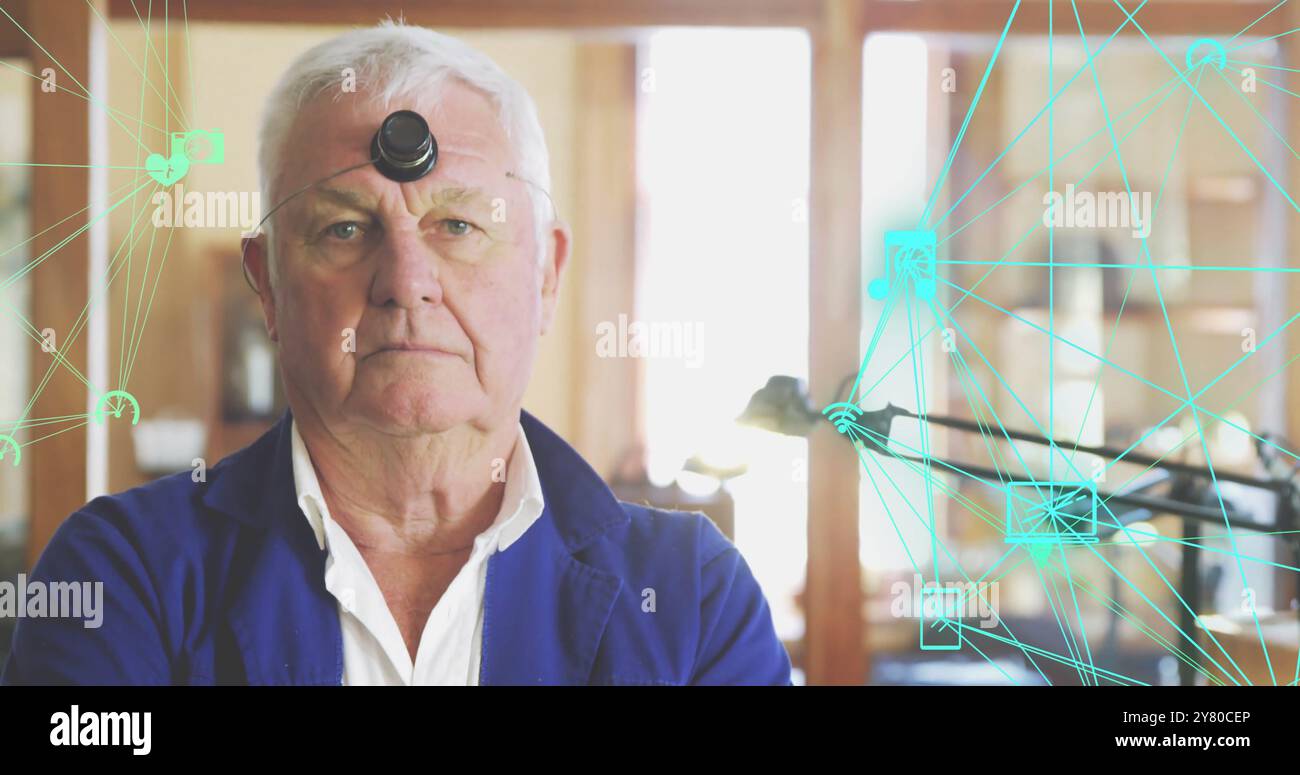 Elderly man in blue jacket with network connections and data processing image Stock Photo