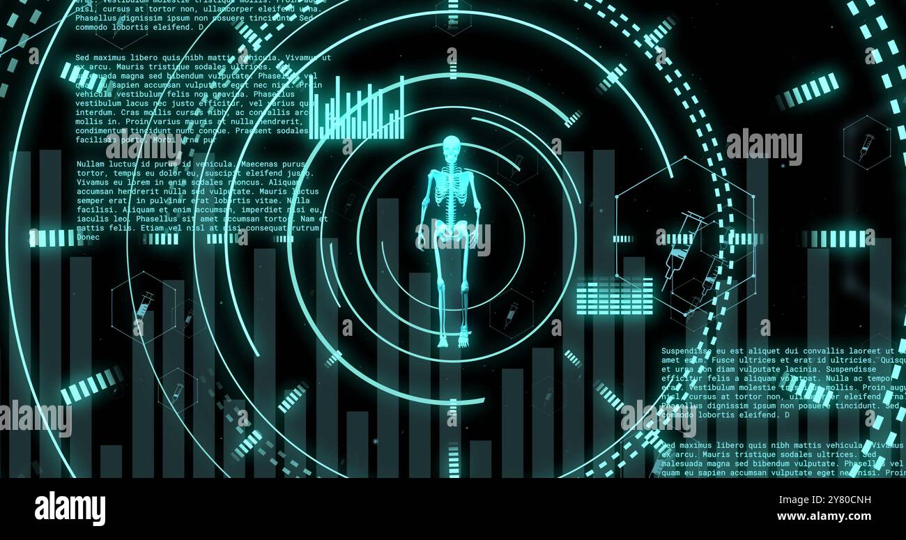 Image of scopes with human skeleton and data processing over black background Stock Photo