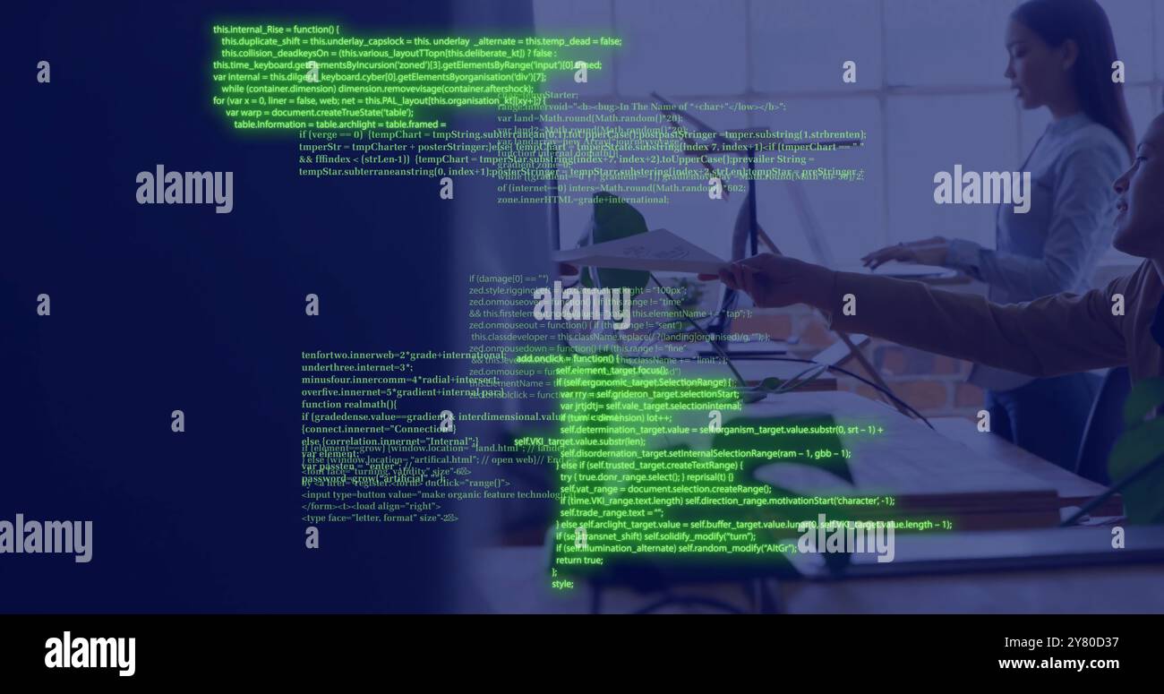 Computer code image over business person working on laptop Stock Photo