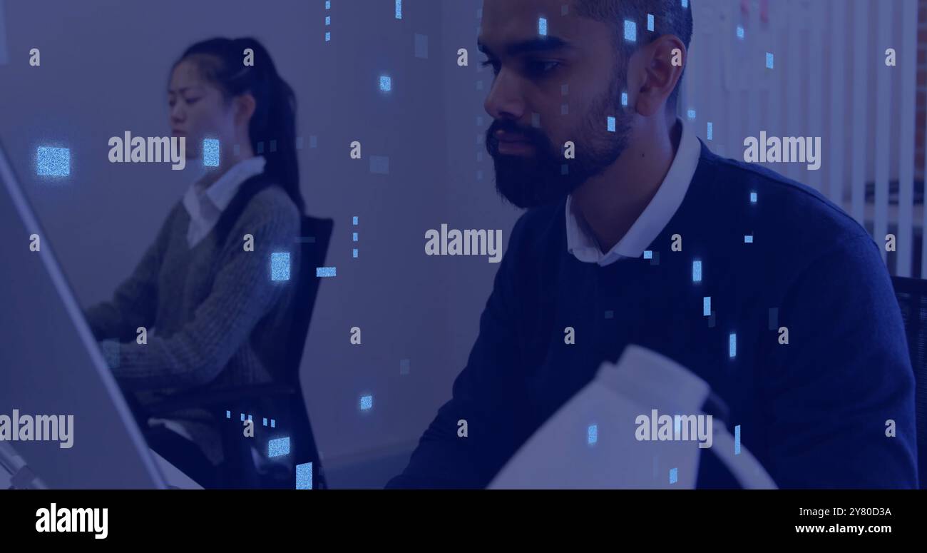 Digital data processing image over business people working in office ...