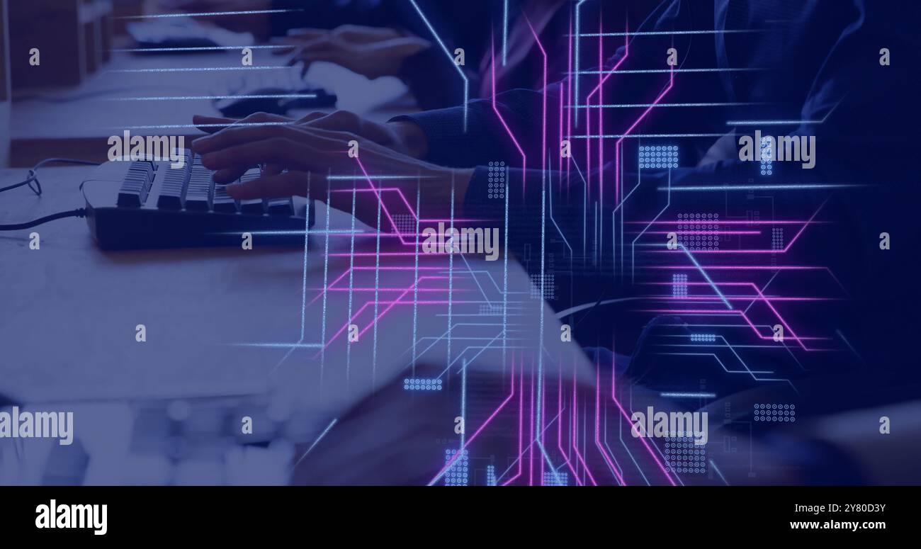 Typing on keyboard, hands over digital data and coding image Stock ...