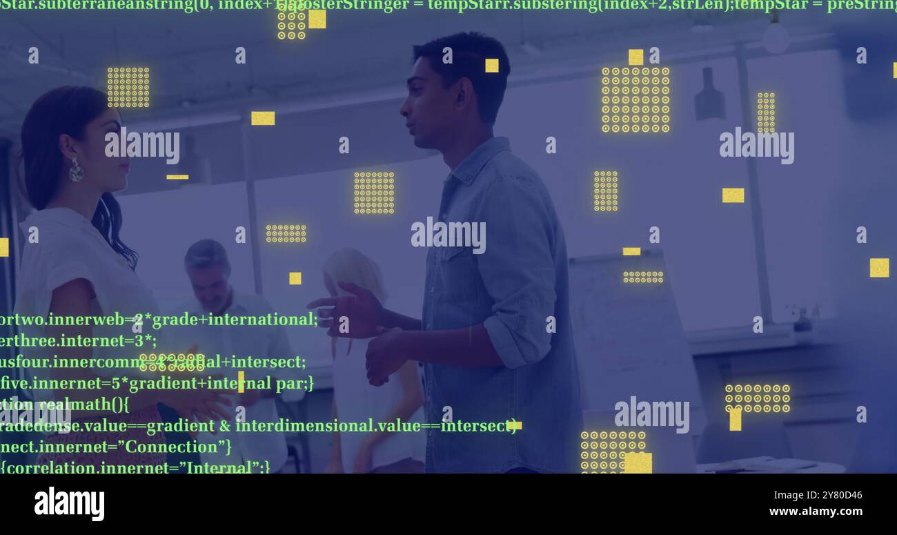 Digital data and coding image over business people shaking hands in office Stock Photo